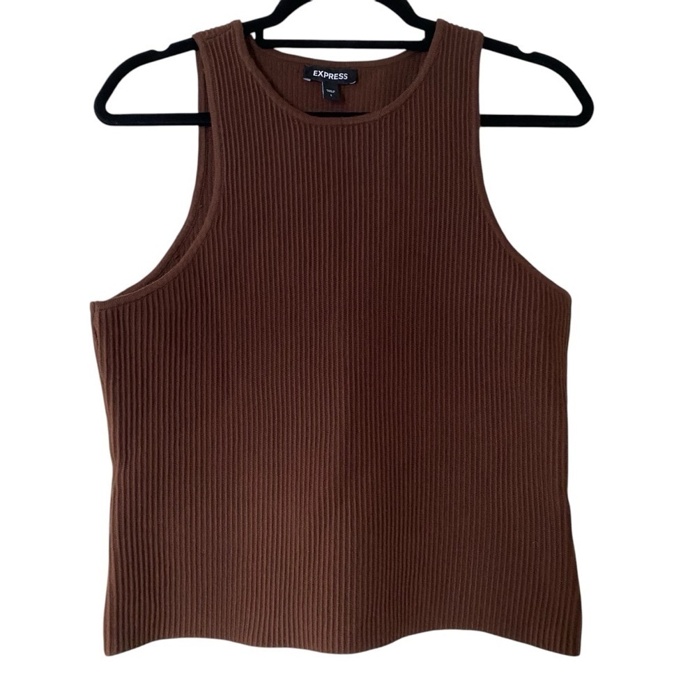 Express Ribbed High Neck Sweater Tank in Potting Soil racerback dark brown L